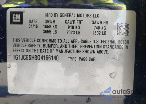 2016 Chevrolet Sonic Lt Auto z USA, uszkodzony, nr VIN 1G1JC6SH3G4166140